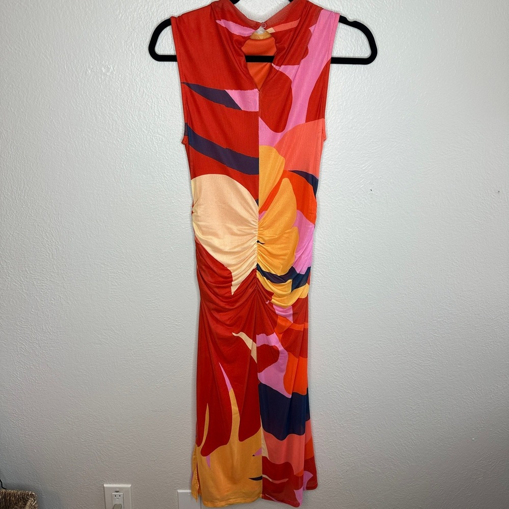 Farm Rio x Anthropologie Ruched Mesh Midi Dress Orange Abstract Size XS - Picture 4 of 9